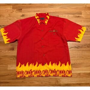 VTG Johnny Blaze Y2K Fire AOP Button-Up Shirt Mens Size Large Red Short Sleeve